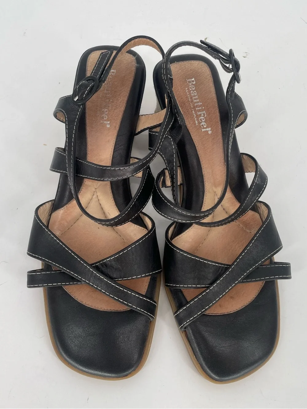 BeautiFeel Criss Cross Strap Cushioned Low Wedge Sandals Contrast Stitching